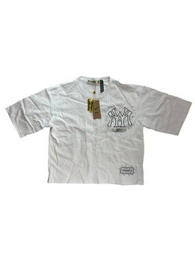 Watson Studios Chained T-Shirt Rhinestone NY Yankees White Wmn's M $125 DEFECT